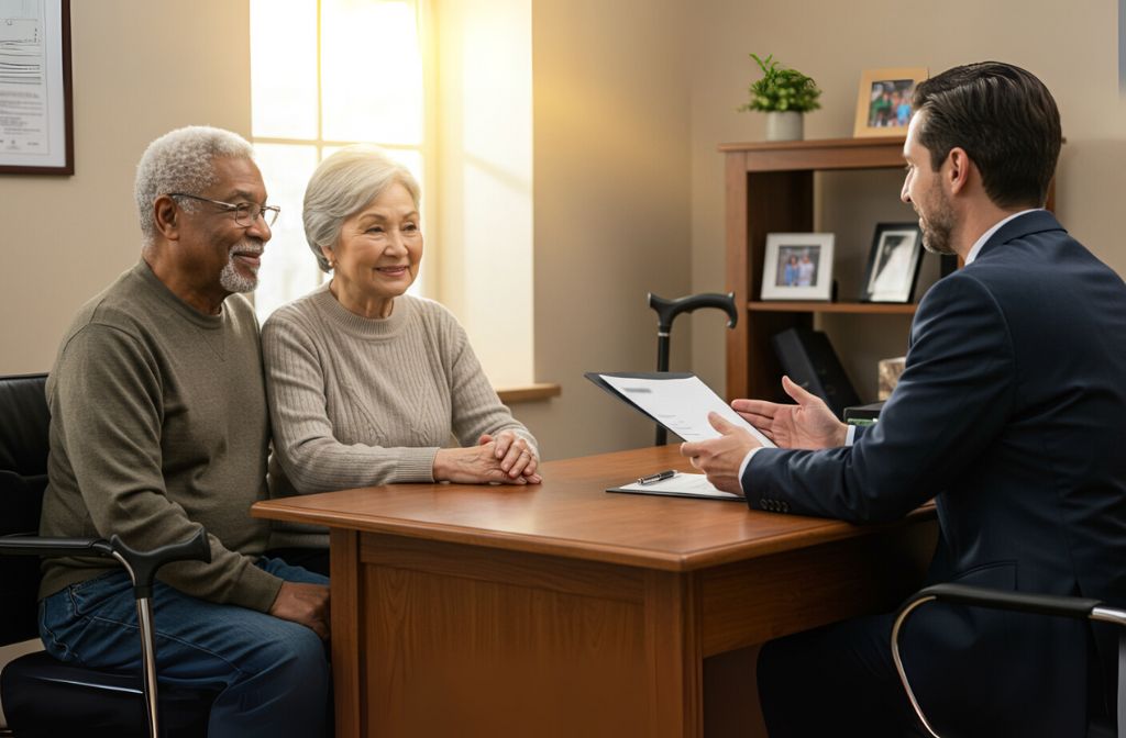 An elderly couple sits at a desk in a bright office, attentively listening to a man in a suit holding a document explaining the benefits of guaranteed acceptance life insurance.
