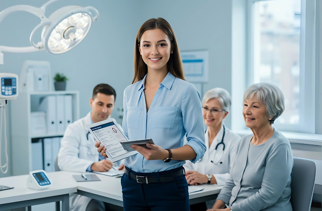 A healthcare professional stands holding USAA health insurance documents in a bright clinic, while a team of medical staff and patients sits in the background.