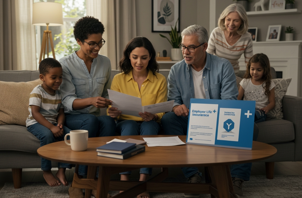 A diverse family seated on a couch reviews documents related to what Is supplemental Life Insurance, with papers and a coffee cup on the coffee table.